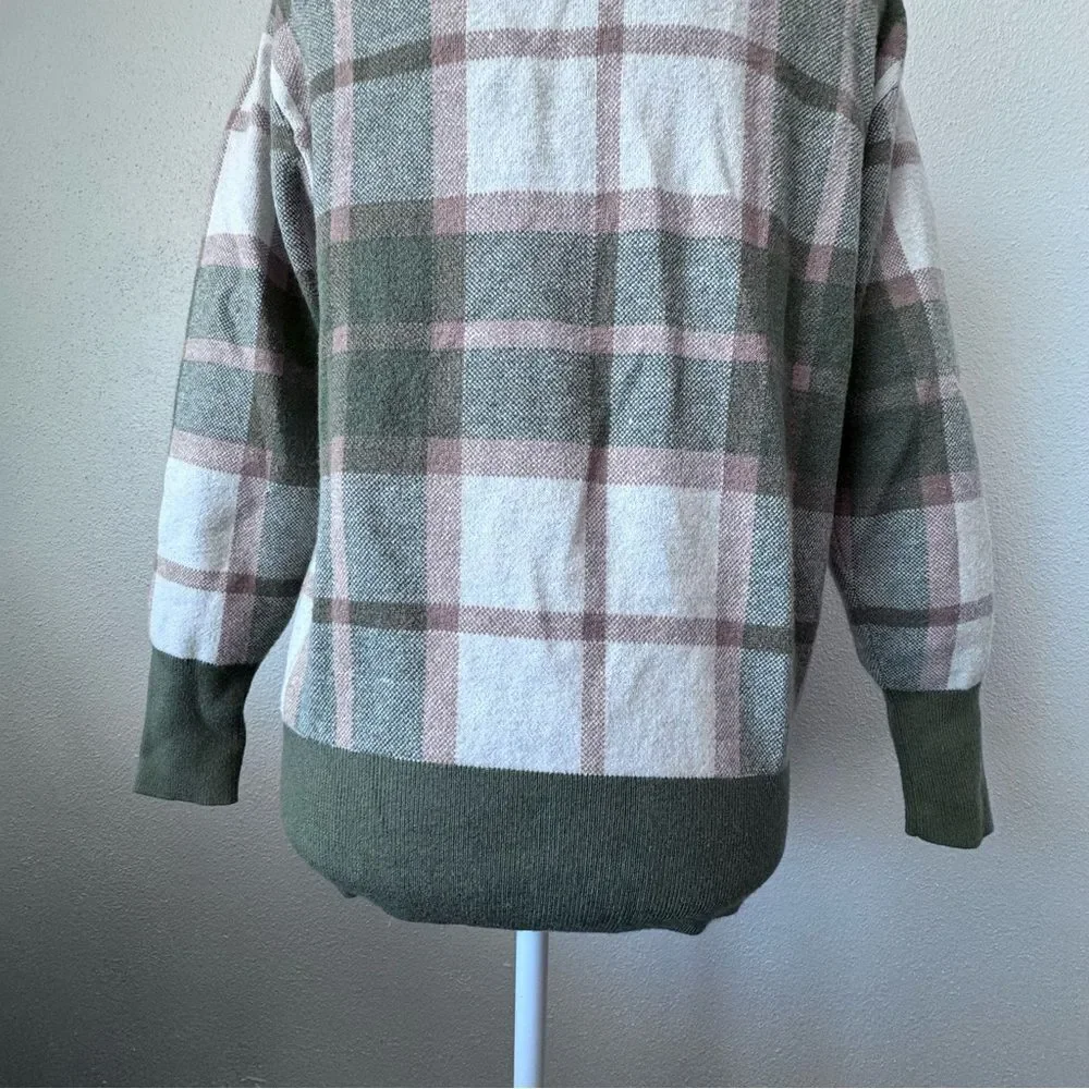 Rachel Zoe Plaid Sweater Brown Green White Cardigan Preppy Classic SZ XS